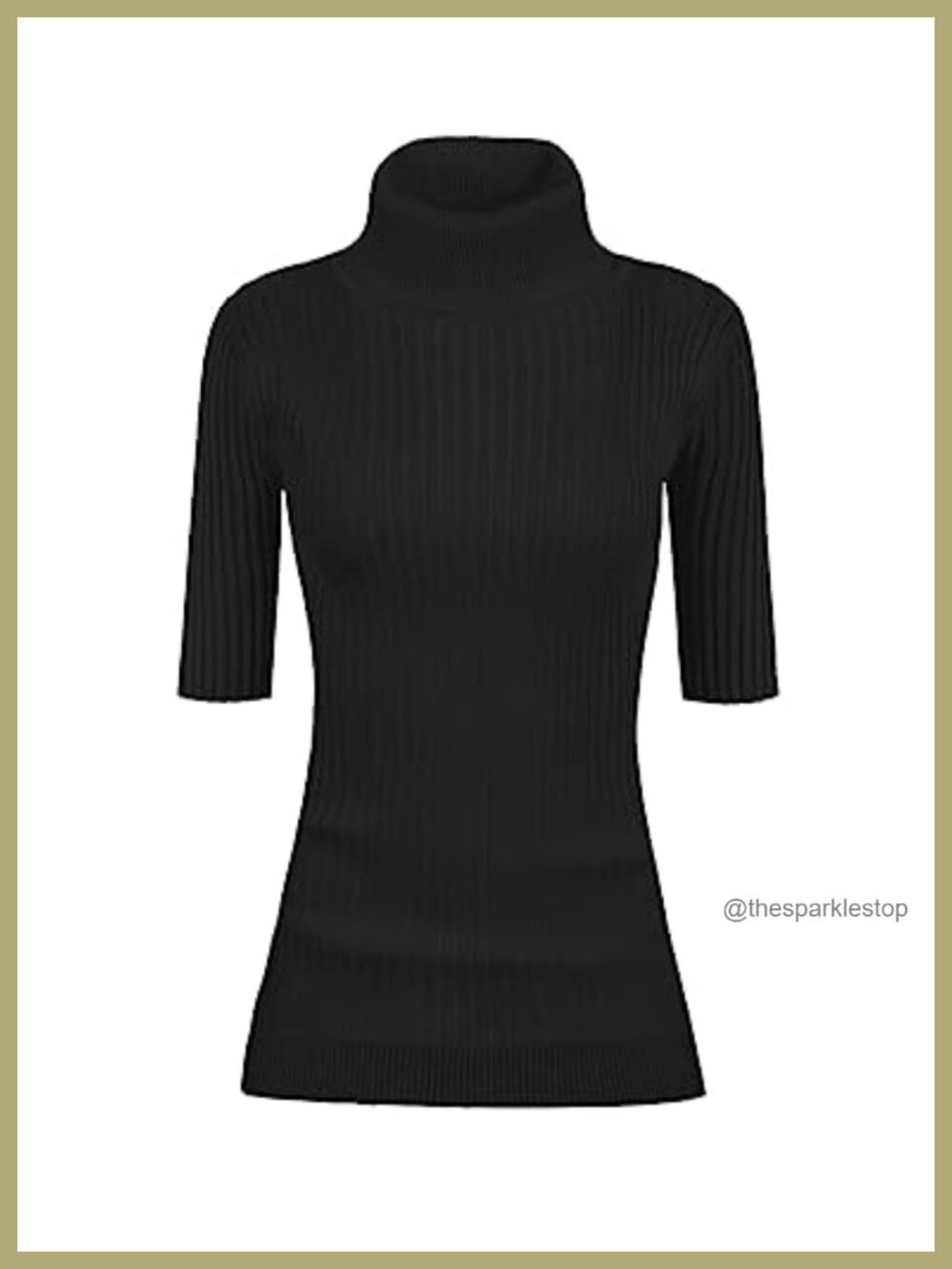 Women Turtleneck Half Sleeve Ribbed Knit Fitted Pullover Sweater